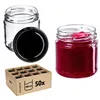 A collection of glass jars, some filled with red jam, and a cardboard box containing multiple jars. Anteprima dell’immagine prodotto