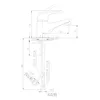 Technical drawing of a faucet with dimensions and water connection labels. Anteprima dell’immagine prodotto