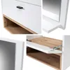 Collage of close-up shots of a white and oak bathroom vanity set, showing drawer details, a shelf, and a mirror frame. Náhled obrázku produktu