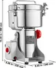 A stainless steel grain grinder with dimensions indicated. Náhled obrázku produktu