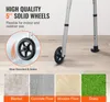 A close-up of a walker's wheel and legs on a wooden floor, with inset images showing different surfaces and text highlighting product features. Náhľad obrázku produktu
