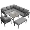 A gray outdoor furniture set including a sectional sofa, a single armchair, a coffee table, and a bench, arranged on a white background. Produktbild-Vorschau