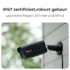 A black Reolink security camera mounted on a white wall, with water droplets on its surface, suggesting outdoor use in wet conditions. Produktbild-Vorschau