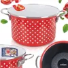 A collage of images showing a red polka dot pot with white accents, along with close-ups of its features and packaging. Produktbild-Vorschau