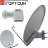 A collage of satellite dish components, including an LNB and two satellite dishes of different sizes, against a white background. Produktbild-Vorschau