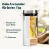 A glass pitcher with fruit infusion is shown, with text highlighting its features. Produktbild-Vorschau