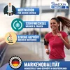 A woman is running outdoors with motivational text and product information overlays. Produktbild-Vorschau