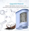 A cutaway view of a water filter cartridge, with illustrations of molecular structures and coconuts. Produktbild-Vorschau