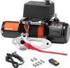 A black and orange electric winch with a red strap and hook, along with accessories like a remote control and bolts, is displayed against a white background. Anteprima dell’immagine prodotto