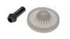 A black metal component and a white plastic gear are placed on a white background. Produktbild-Vorschau