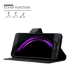 A black flip case for a smartphone is shown in a stand position, displaying the phone's screen with a purple abstract wallpaper. The top left corner has text and diagrams illustrating the stand function. Náhled obrázku produktu