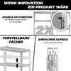 Collage of marketing images showcasing features of a shelving unit. Produktbild-Vorschau