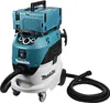 A teal and white Makita canister vacuum cleaner with a black hose is shown against a white background. Produktbild-Vorschau