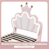 A close-up view of a pink and white princess-style bed frame with a crown-shaped headboard and LED lighting. Produktbild-Vorschau