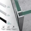 A close-up view of shower door seals and their application in joining glass panels, with accompanying feature icons and text. Produktbild-Vorschau
