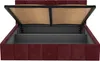 A bed frame with the mattress support mechanism open, revealing storage space underneath. Produktbild-Vorschau