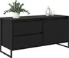 A black TV cabinet with two drawers and a cabinet door, decorated with two white vases and a potted plant on top. Náhled obrázku produktu