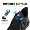 Close-up of a black shoe with marketing text and diagrams highlighting its features. Produktbild-Vorschau