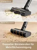 Two images show a vacuum cleaner head cleaning different surfaces. The top image shows the head on carpet with dirt, and the bottom image shows it on a hard floor with debris. Produktbild-Vorschau