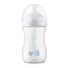 A baby bottle with a transparent body and a white cap, decorated with small elephants and hearts. Produktbild-Vorschau