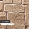 Close-up of textured beige stone-effect wall panels with text overlays. Produktbild-Vorschau