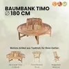 A marketing image showcasing a round garden bench with a tree trunk enclosure, along with other teak garden furniture. Produktbild-Vorschau