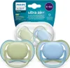 A package containing two Philips Avent Ultra Air pacifiers, one green and one blue. Voir les images du produit