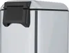 A close-up of the top corner of a stainless steel trash can with a black lid mechanism. Produktbild-Vorschau