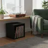 A living room scene with a record player on a shelf, a storage cube filled with records, and a green armchair with a blanket. Anteprima dell’immagine prodotto