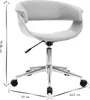 A close-up of a grey fabric office chair with a curved wooden backrest and chrome base with wheels. Produktbild-Vorschau