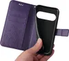 A hand is holding a purple flip phone case, showing the inside of the case with card slots and a floral embossed design. Produktbild-Vorschau