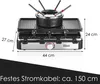 A raclette grill and fondue set is shown from a front-facing, slightly elevated angle, with dimensions indicated by text overlays. Produktbild-Vorschau