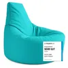 A turquoise beanbag chair is shown against a white background, with a review badge in the lower right corner. Produktbild-Vorschau