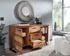 A wooden sideboard with drawers and doors, decorated with a mirror and vase, in a well-lit room with a large window. Produktbild-Vorschau