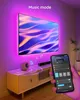 A living room scene with a TV displaying colorful waves, illuminated by purple LED lights. A smartphone is held in the foreground, displaying an app interface, and a small speaker is on a wooden cabinet. Produktbild-Vorschau