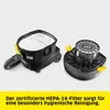 A vacuum cleaner dustbin and its HEPA filter are shown separately against a white background, with German text describing the filter's hygienic properties. Voir les images du produit