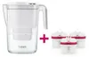 A white water filter pitcher with clear water and three replacement filters. Produktbild-Vorschau