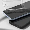 A close-up shot of two phone cases, one clear and one black, stacked on top of each other, with a light gray background. Produktbild-Vorschau