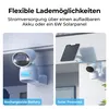 A split image showing two ways to power a security camera: one with a rechargeable battery and another with a solar panel. Produktbild-Vorschau