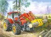 A red tractor with a log grabber is shown in a forest setting, lifting a log. Podgląd zdjęcia produktu