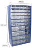 A blue metal storage cabinet with multiple clear plastic drawers, shown with dimensions indicated. Produktbild-Vorschau