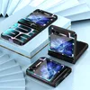 Three phone cases are displayed on a light blue and white surface, with a decorative blue background. Produktbild-Vorschau