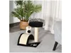 A cat tree with a scratching post and a small toy is placed on a gray rug in a room with a potted plant and sheer curtains. Anteprima dell’immagine prodotto