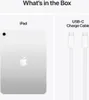 A split image showing an iPad on the left and a USB-C charging cable on the right, with the text 'What's in the Box' at the top. Produktbild-Vorschau