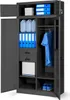 An open metal cabinet with various items stored inside, including binders, containers, clothing, and shoes. Náhľad obrázku produktu