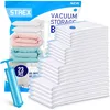 A product image showing a package of vacuum storage bags with a hand pump and examples of items that can be stored. Voir les images du produit