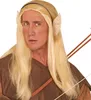 A man wearing elf ears and a blonde wig, dressed in a brown tunic, with a bow and arrows visible. Produktbild-Vorschau