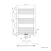 Technical drawing of a towel radiator with dimensions and connection details. Produktbild-Vorschau