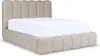 A beige upholstered bed frame with a mattress on a white background. Produktbild-Vorschau