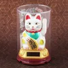A solar-powered lucky cat figurine inside a clear plastic case, placed on a patterned brown surface. Produktbild-Vorschau
